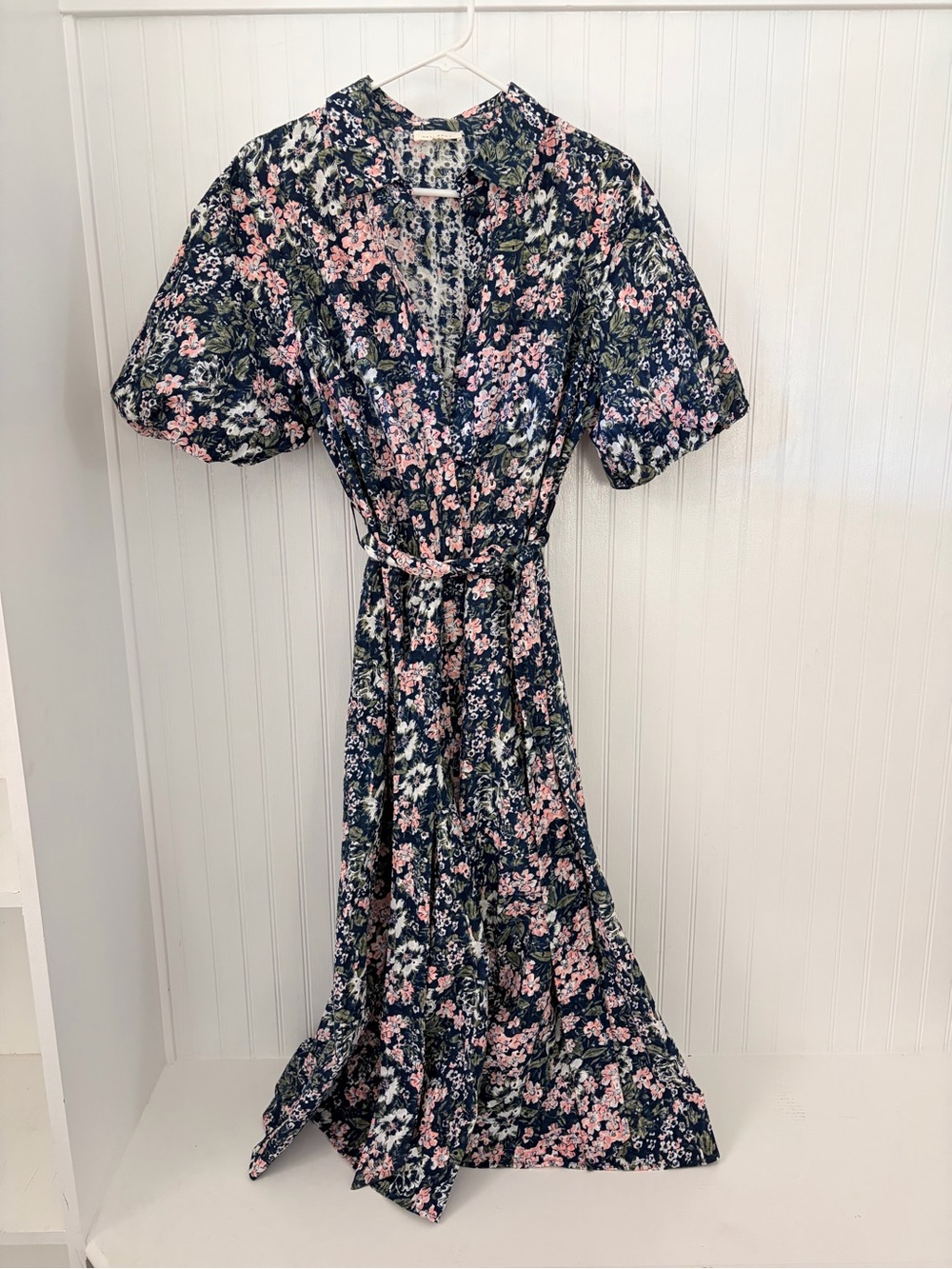 Melloday Floral Midi Dress with Self Tie Belt - Navy & Pink